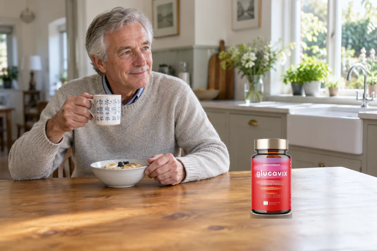 Man holding a jar of Glucavix at breakfast